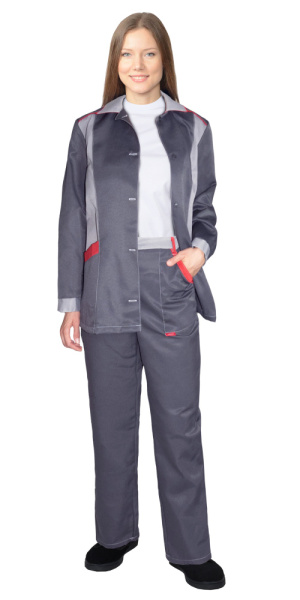 Костюм "ЗОЛУШКА" женский: куртка, брюки т.-серый со св.-серым и крас. отд. Тк. Гретта 190 (ЧЗ)