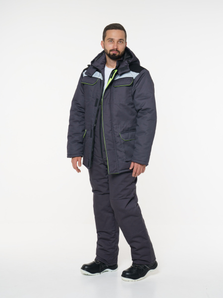 Куртка мужская зимняя Кур703 ткань Твил, цвет темно-серый, черный с лимонной отделкой СОП